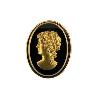 Vintage Cameo Solid Perfume Black and Gold Tone Brooch Pendant- Used
